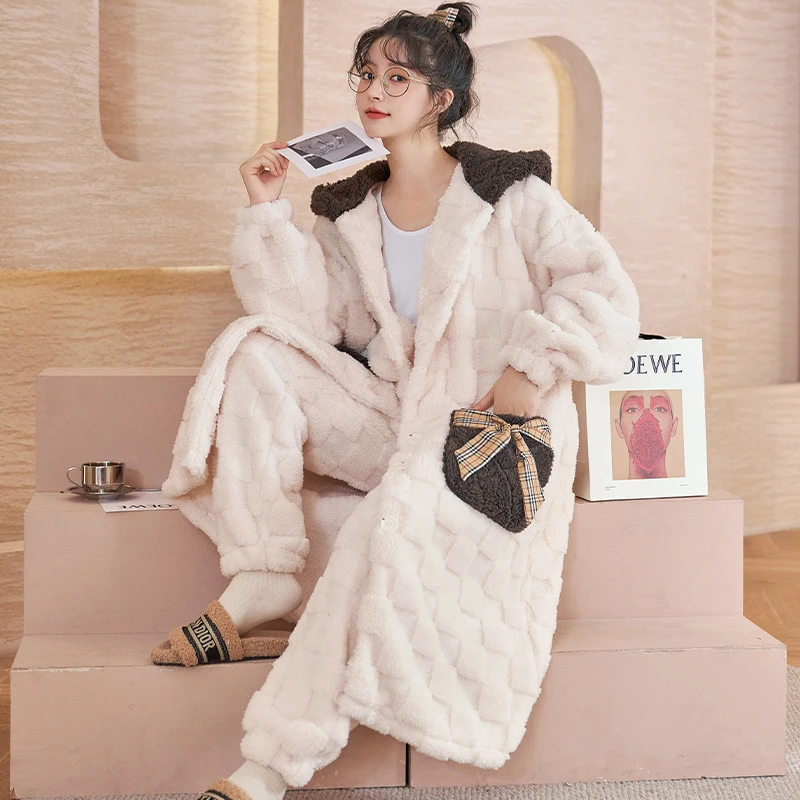 珊瑚绒睡袍女士秋冬季睡衣女加厚保暖法兰绒甜美家居服套装 2255