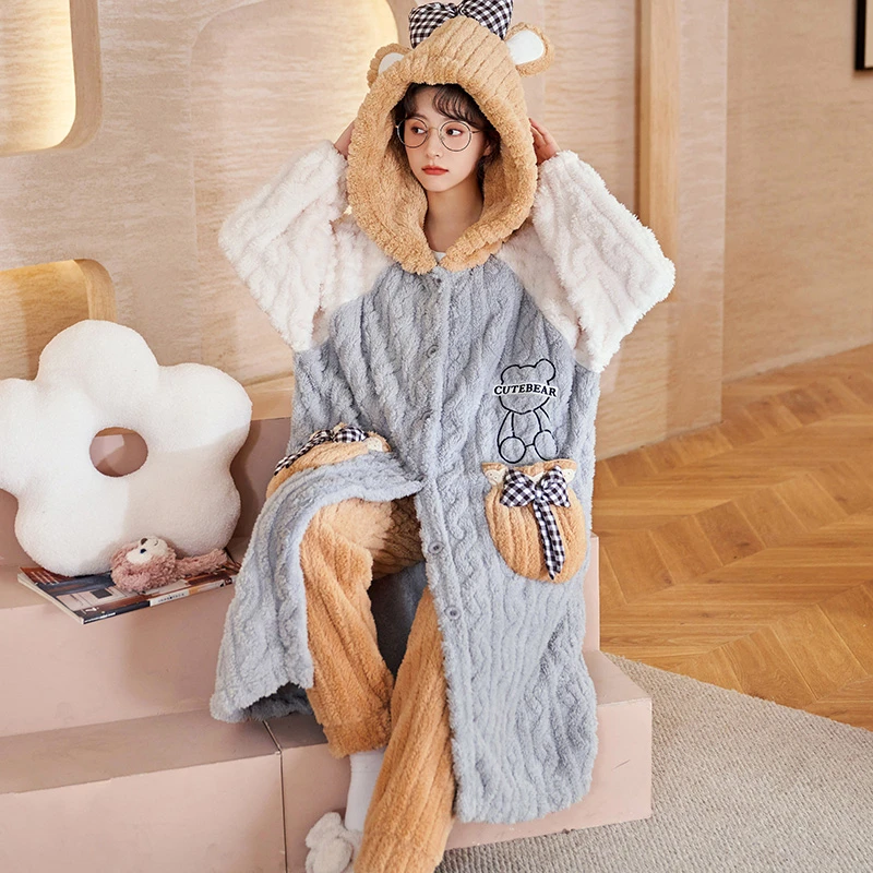 珊瑚绒睡袍女士秋冬季睡衣加厚保暖可外穿法兰绒家居服套装 2220