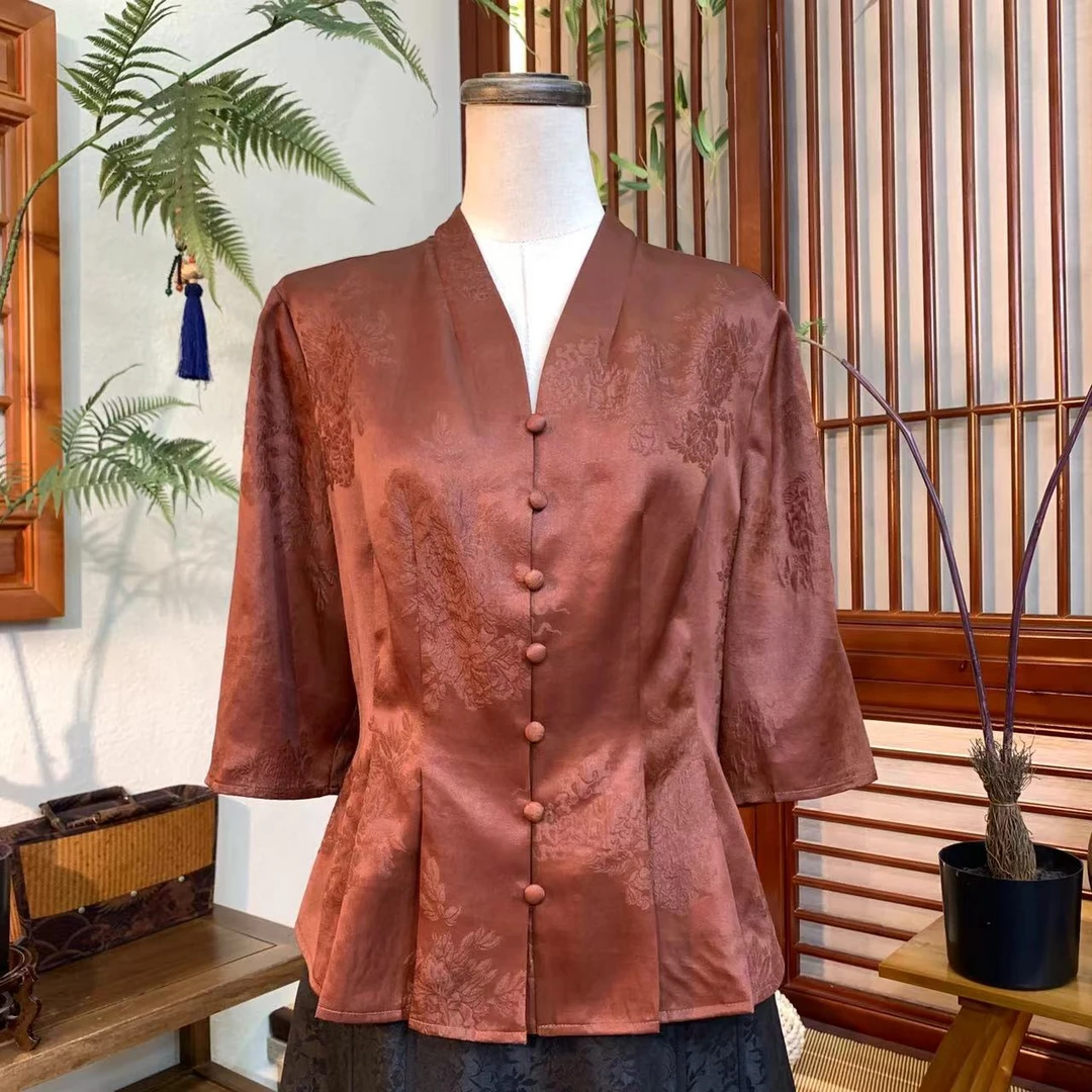 江南凤羽【玉颜欢】新中式精致显瘦V领提花开衫上衣FYX2007