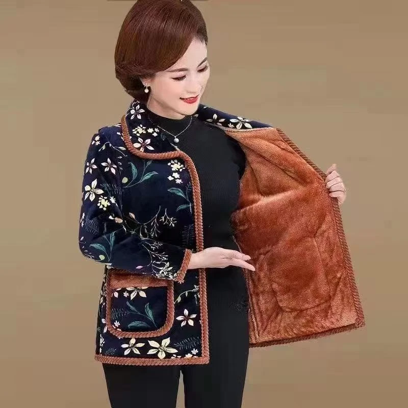 冬季新款中老年女装棉衣保暖加绒加厚妈妈冬装花棉袄老年棉服上衣