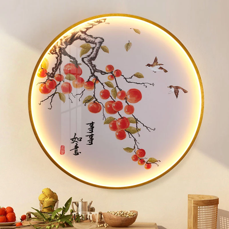 事事如意柿子壁画灯茶室入户玄关卧室餐客厅楼梯感应古风挂画壁灯