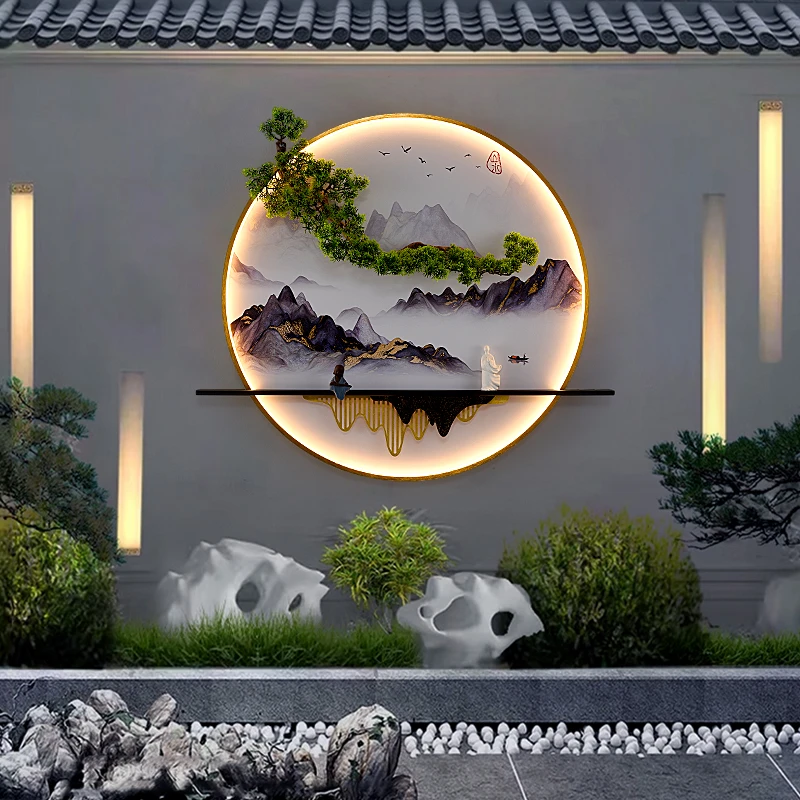 户外庭院壁画灯影壁墙迎门墙围墙背景墙装饰新中式挂画防水壁灯具