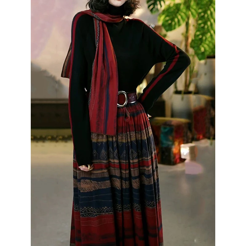 送围巾腰带!气质优雅裙套装女2025秋季新款洋气文艺针织衫+半身裙