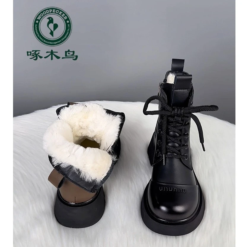 啄木鸟正品雪地靴皮毛一体马丁靴女2023新冬棉鞋加绒短靴加厚棉靴