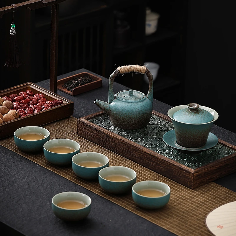 仿古窑变釉孔雀绿陶瓷功夫茶具盖碗茶杯家用办公泡茶壶大号提梁壶
