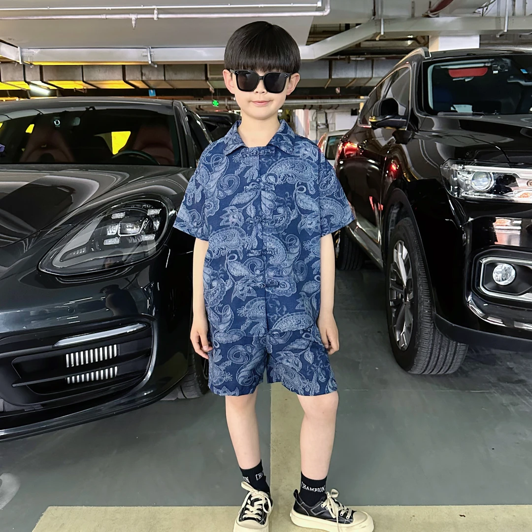 男童夏款洋气衬衫套装儿童夏季古风衬衣两件套新中式100码-170码