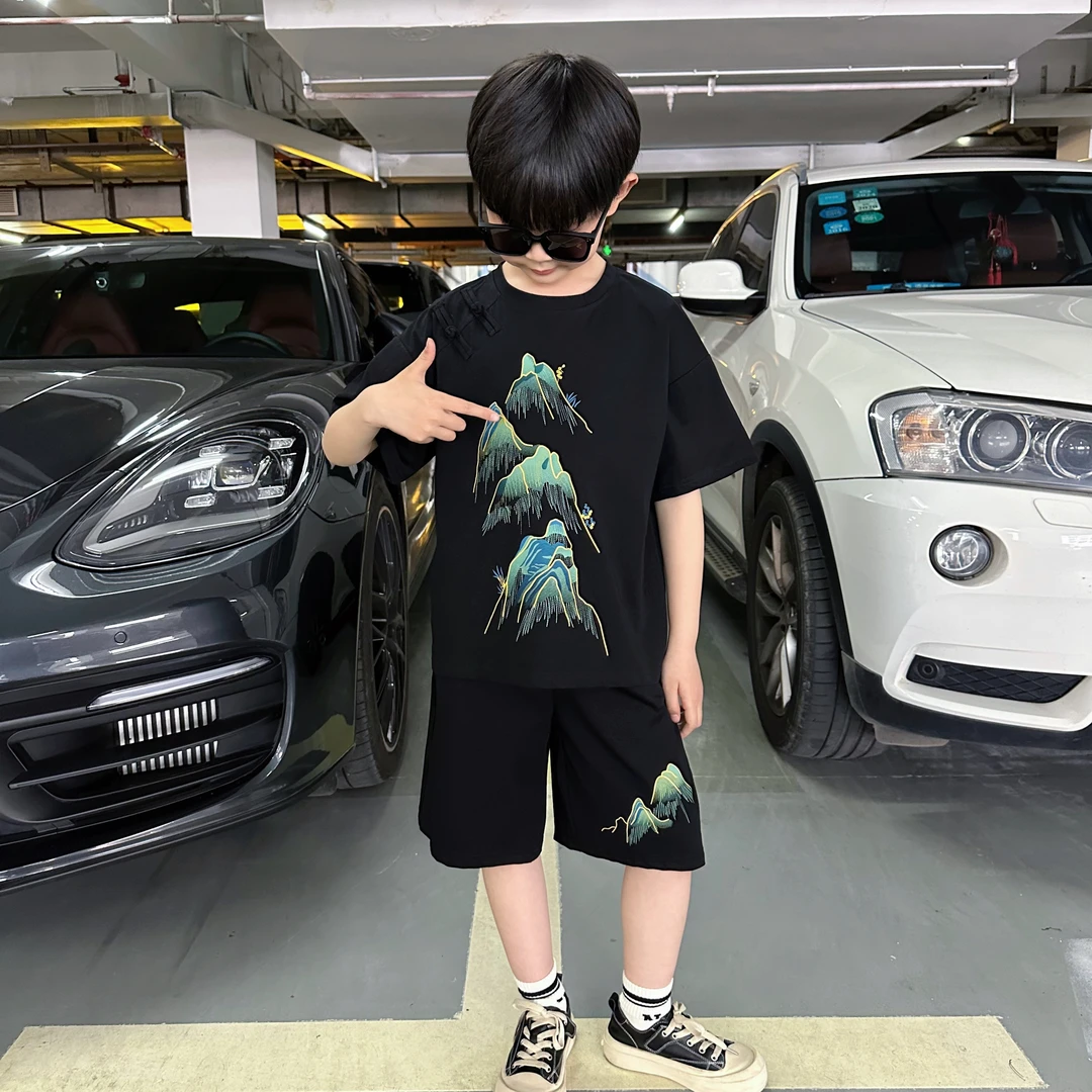 男童山水画夏装洋气新中式套装儿童潮流夏款两件套100码-170码