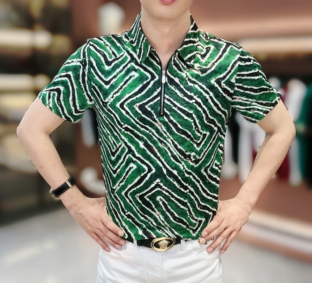 2024夏季新款男款碎花网红半袖潮牌个性男士百搭印花翻领男士短袖