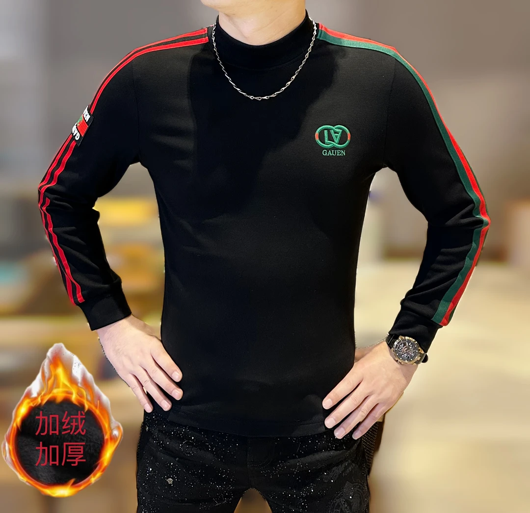 2024秋冬新款修身男士织带拼接加绒加厚弹力百搭圆领长袖打底衫