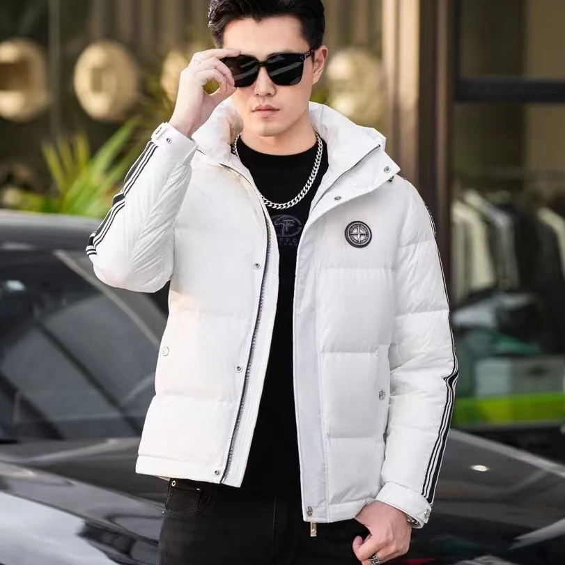 2024冬季新款男士连帽轻奢织带拼接保暖抗寒高品质休闲羽绒服修身