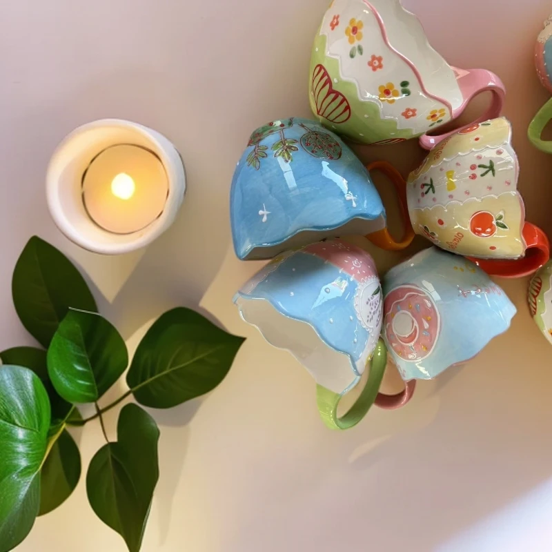 直播间专拍编号大容量水杯可爱粉色家用创意手绘少女心杯碟手捏