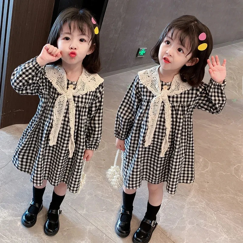 女童连衣裙2024新款秋装女宝宝格子裙小童春秋儿童洋气公主裙子潮