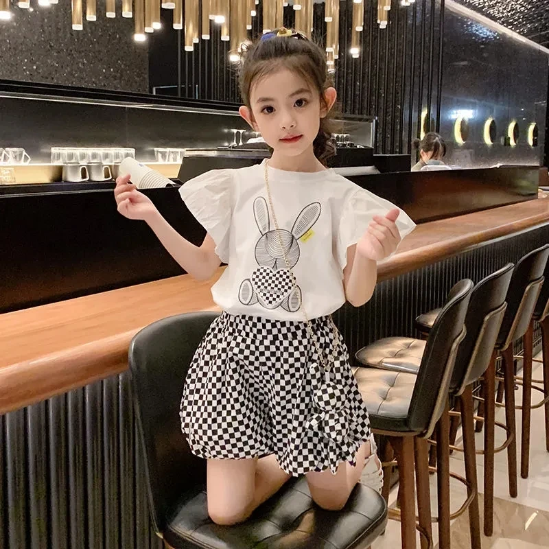 女童套装夏季洋气韩版2024新款儿童夏装网红薄款时髦花苞裤两件套