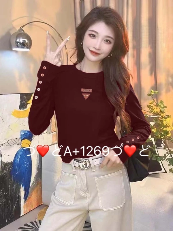9953#圆领纯色百搭设计感T恤女法式修身显瘦上衣