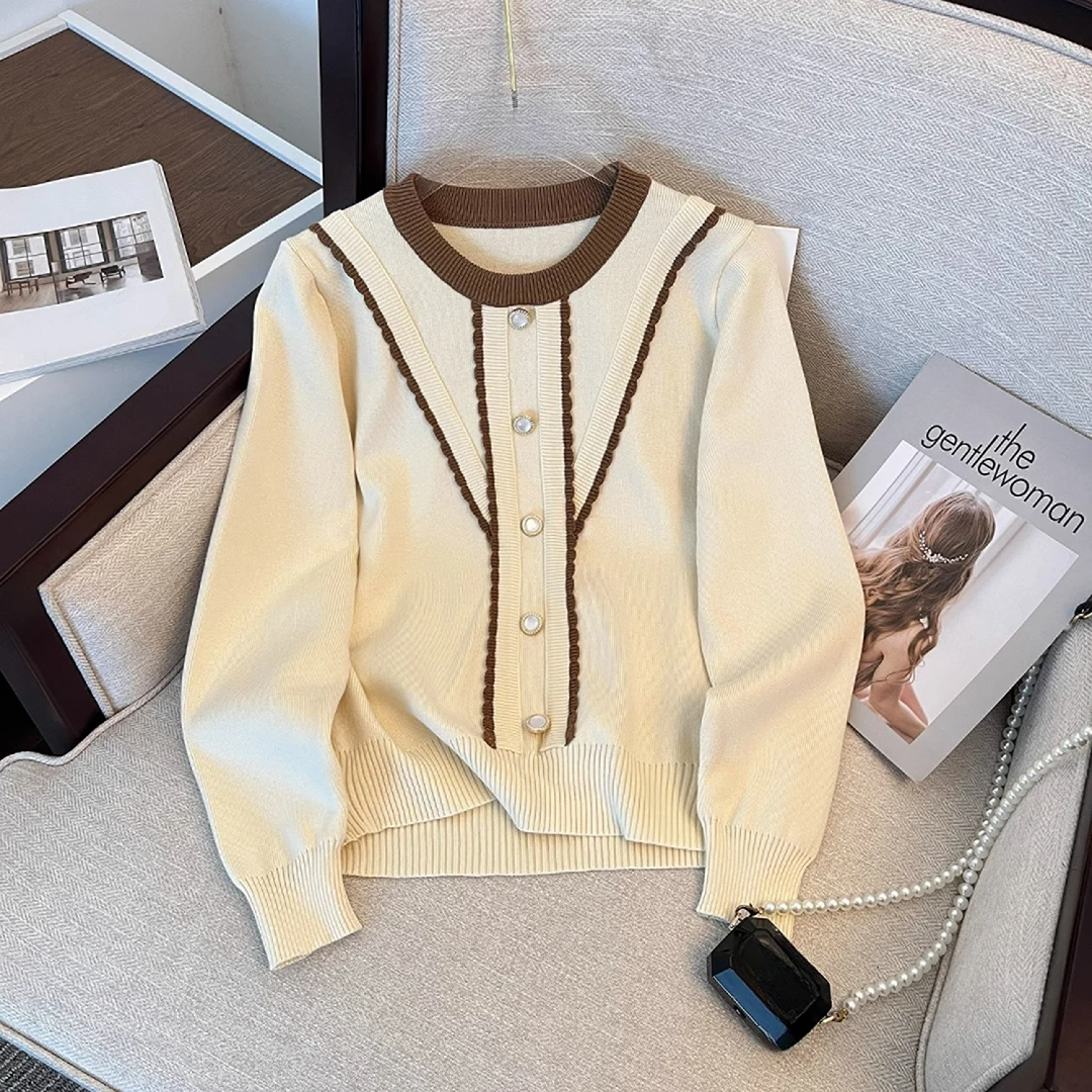 大码圆领木耳边长袖针织衫女秋冬季新款高级感洋气显瘦打底衫上衣