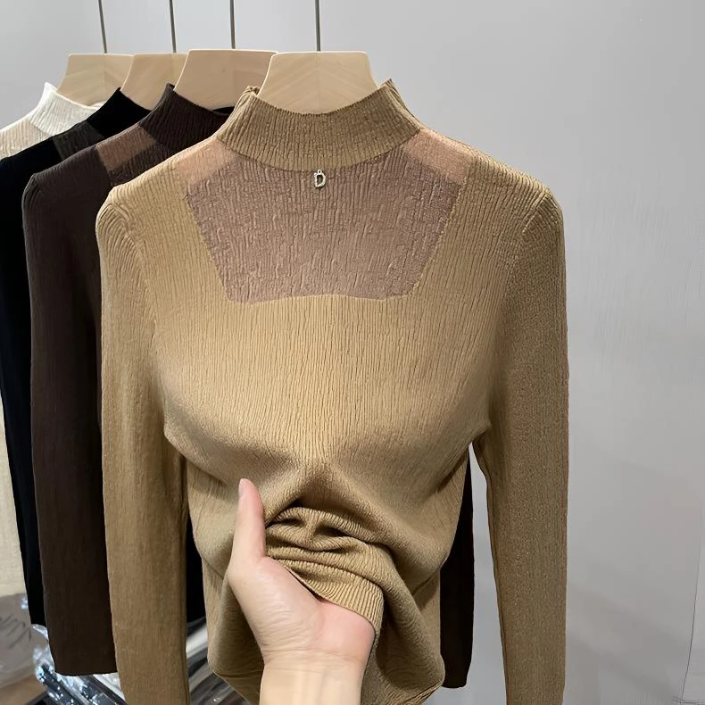 大码半高领长袖针织衫女毛衣网纱设计时髦洋气大版显瘦打底上衣
