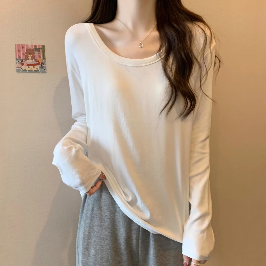 T恤衫长袖百搭圆领宽松叠穿春秋打底衫纯棉简约基础款纯色白色女