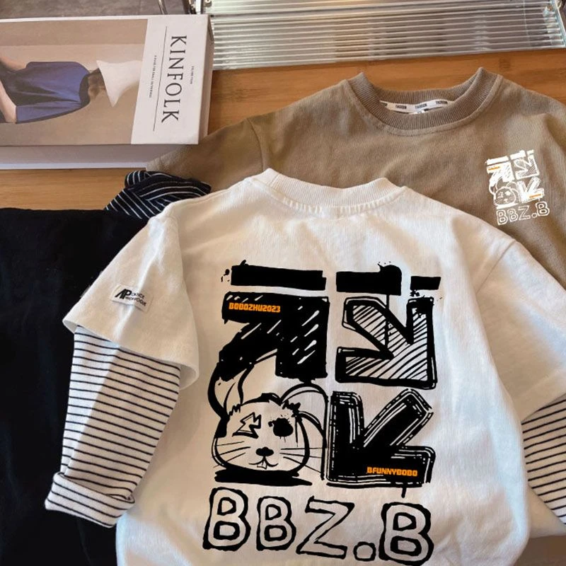 童装男童长袖t恤纯棉儿童假两件2024新款春秋男宝宝上衣时髦洋气t