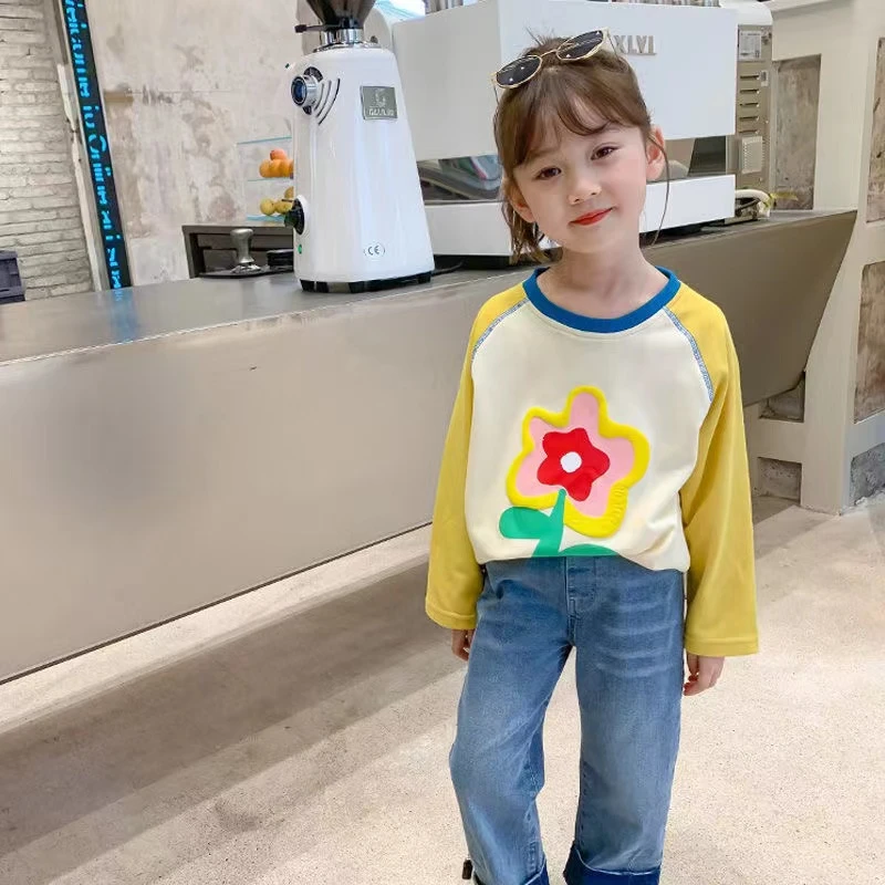 纯棉女童长袖T恤秋款2024新款儿童中小童宝宝打底衫拼色潮流上衣