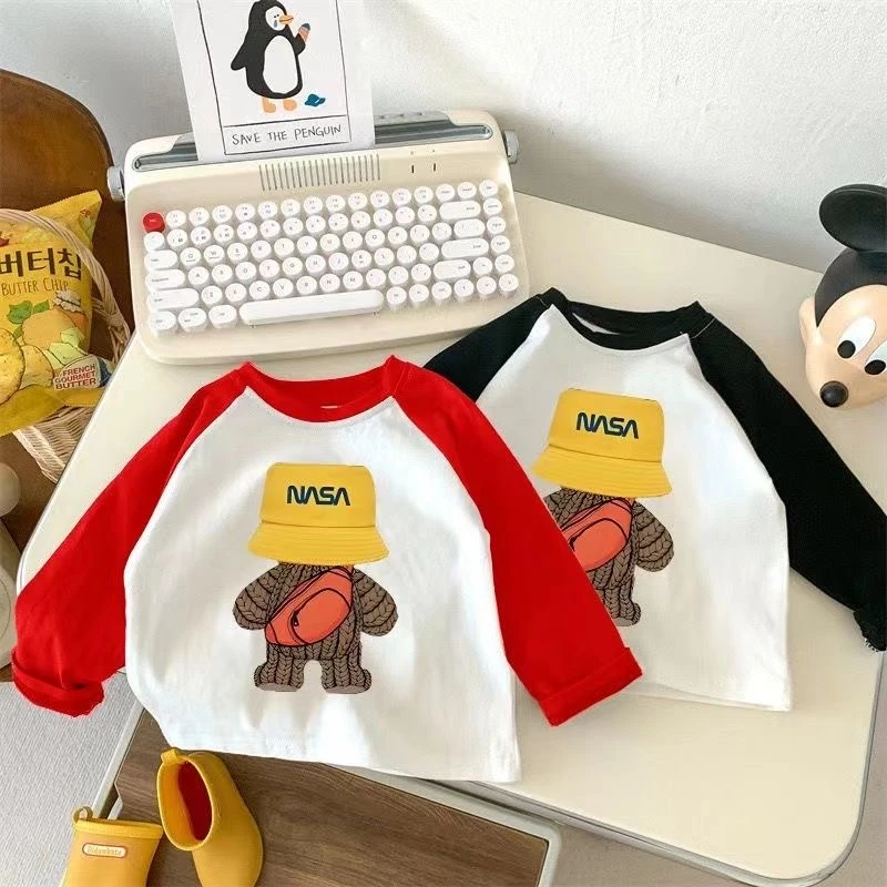 纯棉儿童春秋长袖撞色T恤男女童韩版上衣宝宝圆领中小童打底衫棉T