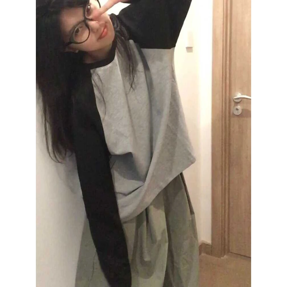 新款复古拼接长袖圆领上衣女秋季薄款慵懒ins风可外穿打底衫卫衣