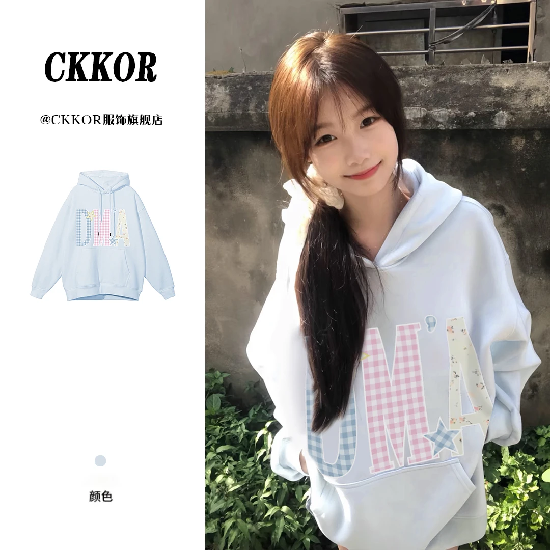 CKKOR秋冬款时尚字母印花加绒卫衣女美式ins潮牌学院风设计感上衣