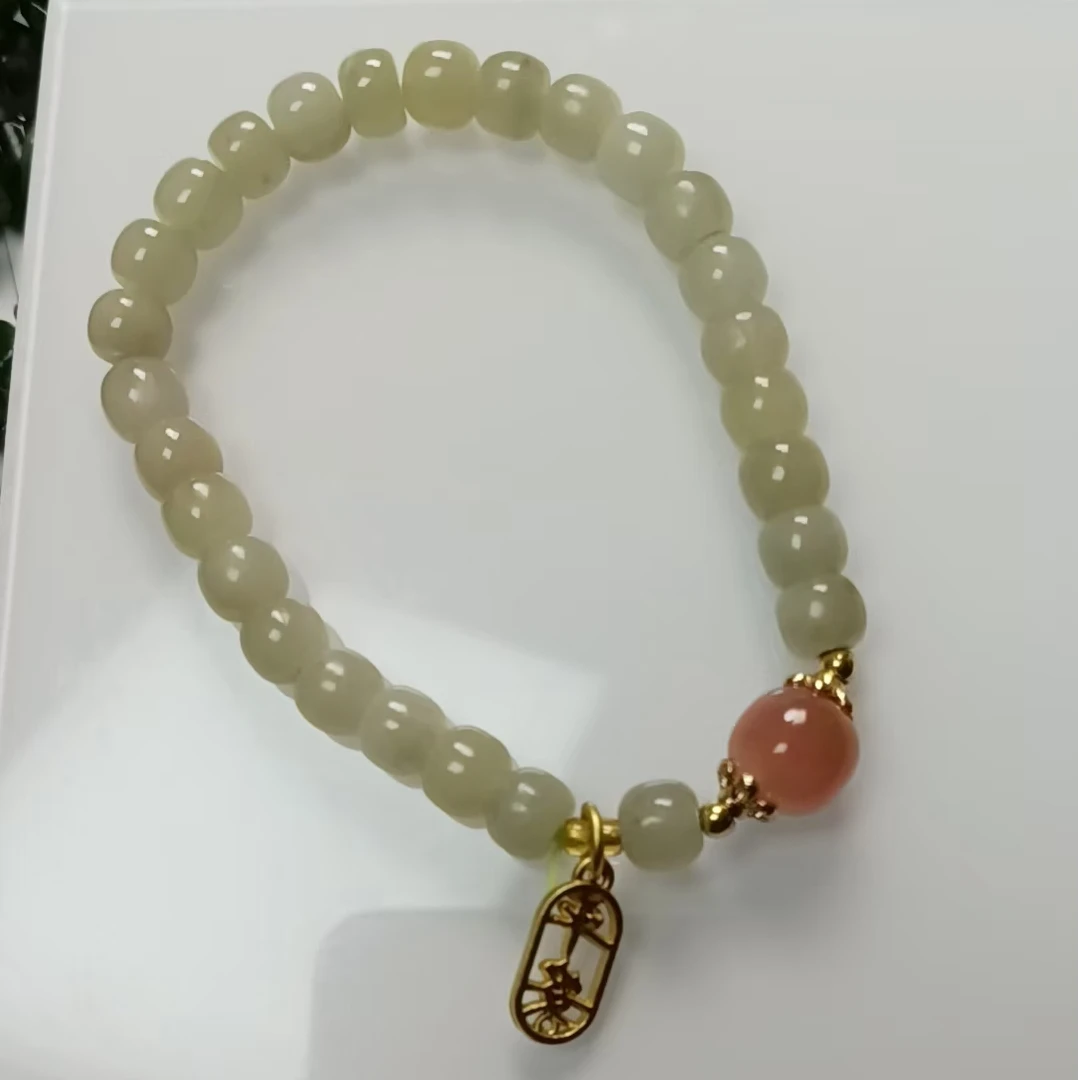 和田玉糖色手串手工气质白色轻奢镶嵌单圈一串（图片三串叠戴效果）