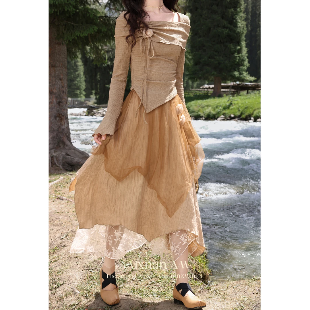 鹿向南「海棠花未眠」气质方领长袖t恤2024新款女秋季设计感上衣