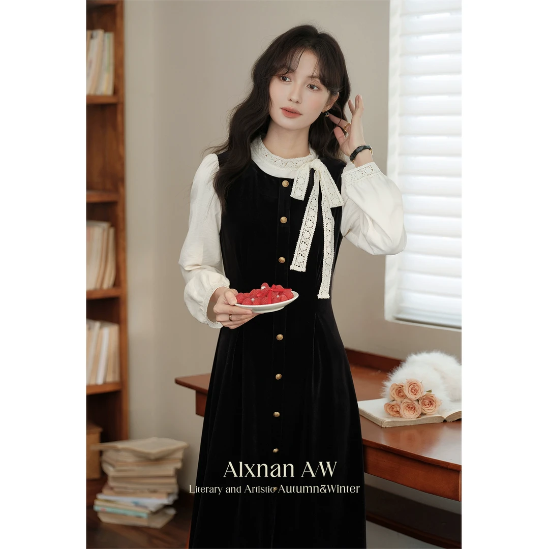 鹿向南「旋转巴黎」假两件气质连衣裙女装2024冬季设计感长L52001