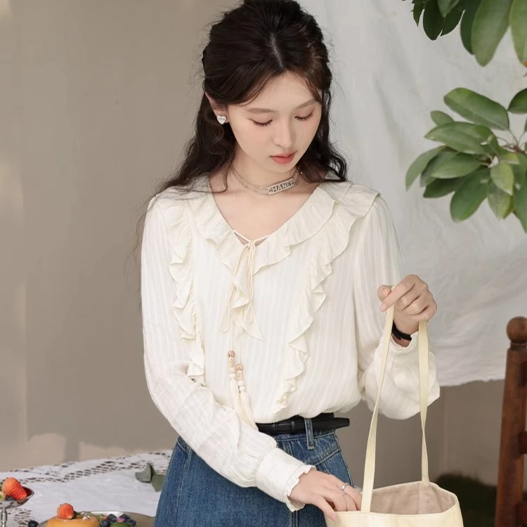 【诗语】308鹿向南《栀子白茶》2024早春新款衬衫设计感衬衣女L33802