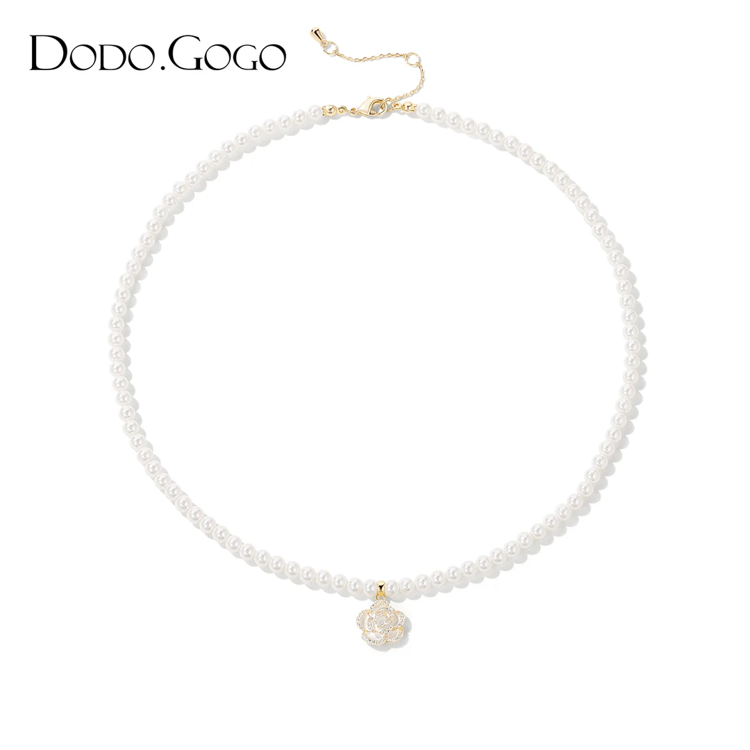 DODOGOGO 合金仿珍珠项链 复古小香风山茶花锁骨链设计感轻奢颈链