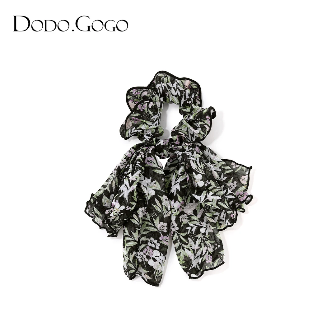 DODOGOGO 非金属布艺发饰 绿叶碎花蝴蝶结飘带发圈低马尾发绳森系
