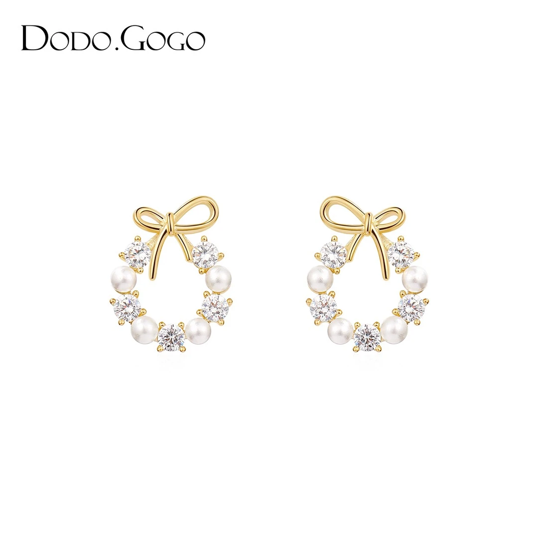 DODOGOGO 925银仿珍珠耳饰 蝴蝶结花环耳环简约小巧轻奢气质耳钉