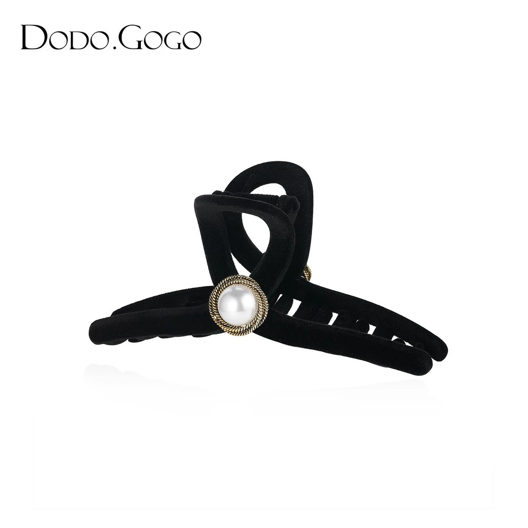 DODOGOGO 铜合金仿珍珠发饰 黑色复古时尚发抓女大号鲨鱼夹子头饰