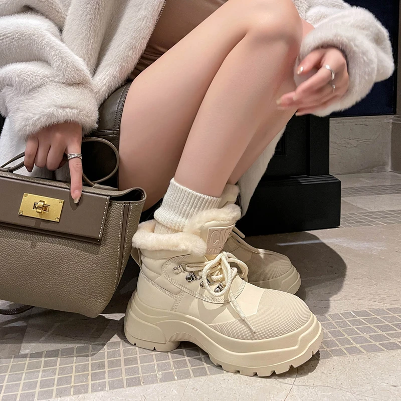 手工高定现货真皮真皮短筒白色雪地靴女2023新款冬季加绒保暖棉靴