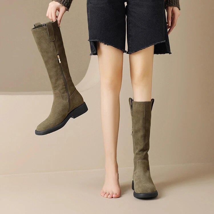 手工高定手工定制牛翻皮长靴秋冬新款真皮高筒靴不过膝侧拉链圆头