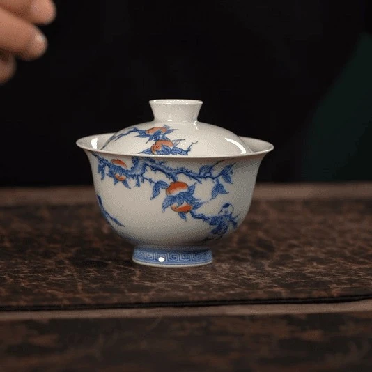 【品遗敬仁】聚澜堂手绘青花九桃五福盖碗120cc 童子二才元宝盖碗