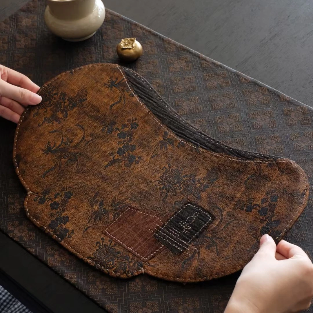 【品遗敬仁】「茶碗形40*25cm」中式香云纱茶席双面拼布刺绣干泡茶席