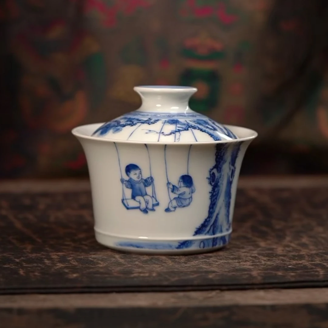 【品遗敬仁】聚澜堂青花手绘童子荡秋千二才马蹄盖碗130cc