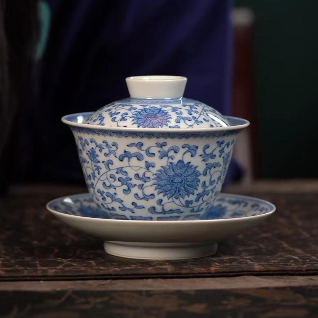 【品遗敬仁】聚澜堂重工手绘青花点工缠枝莲三才大盖碗160cc