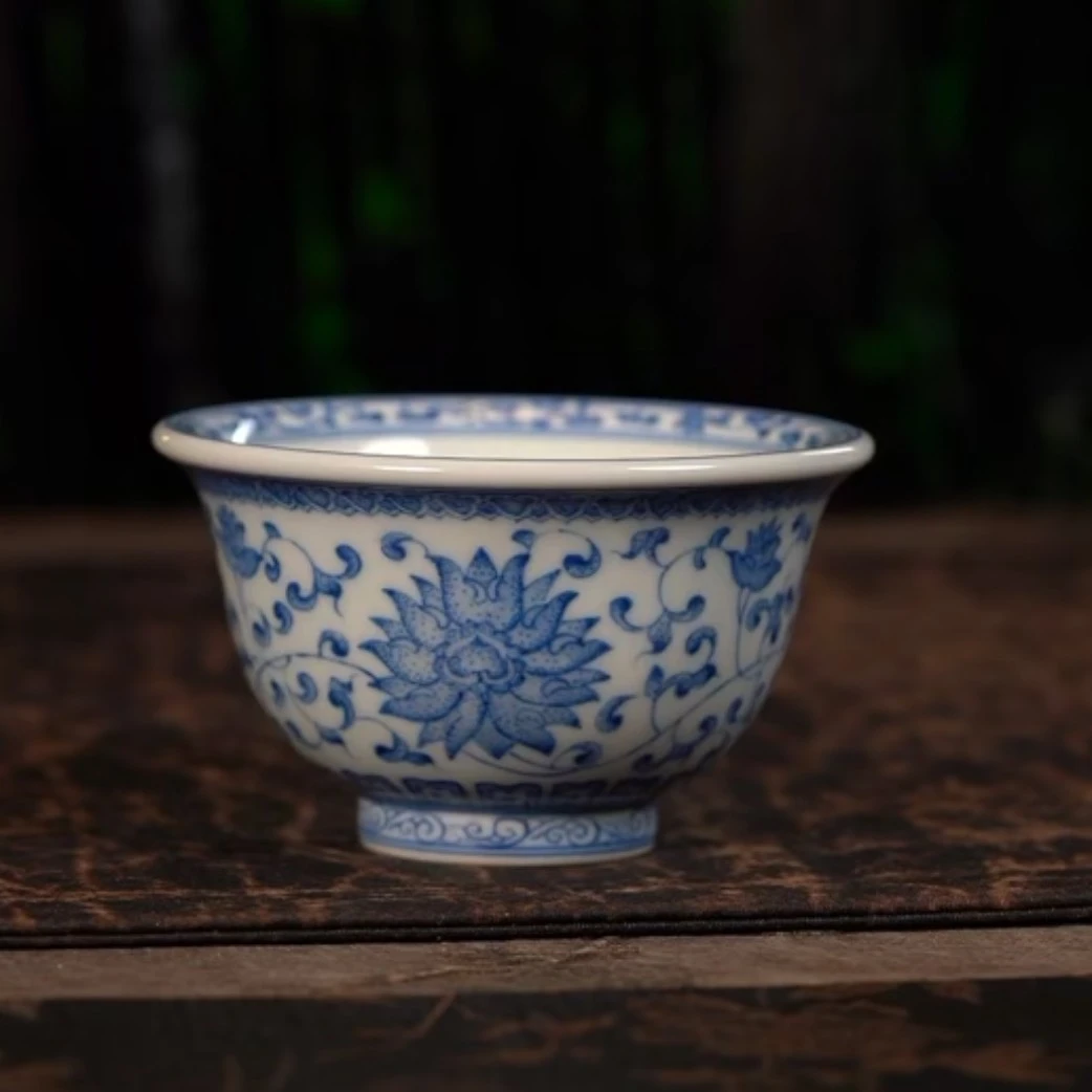 【品遗敬仁】聚澜堂重工青花点工缠枝莲大压手杯120cc口8.5*高5.2cm