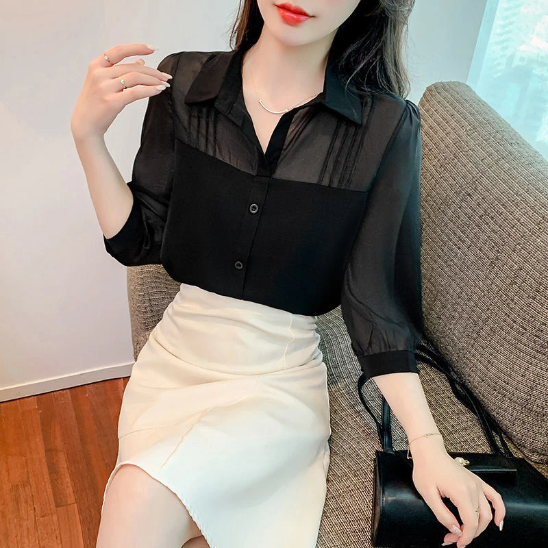 洋气小衫设计感小众七分袖百搭上衣潮黑色雪纺衬衫女夏季穿搭新款