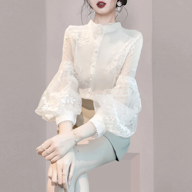 时尚高端泡泡袖雪纺刺绣衬衫显瘦女装上衣潮2024夏季新款洋气百搭