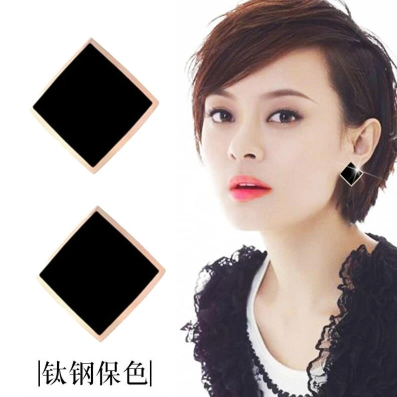 钛钢耳饰 黑色耳钉女高级感四方曲面弧度菱形耳环韩国版饰品方形