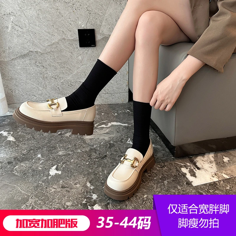 1998-11厚底乐福鞋复古方头一脚蹬小皮鞋宽脚胖脚大码女鞋41-43