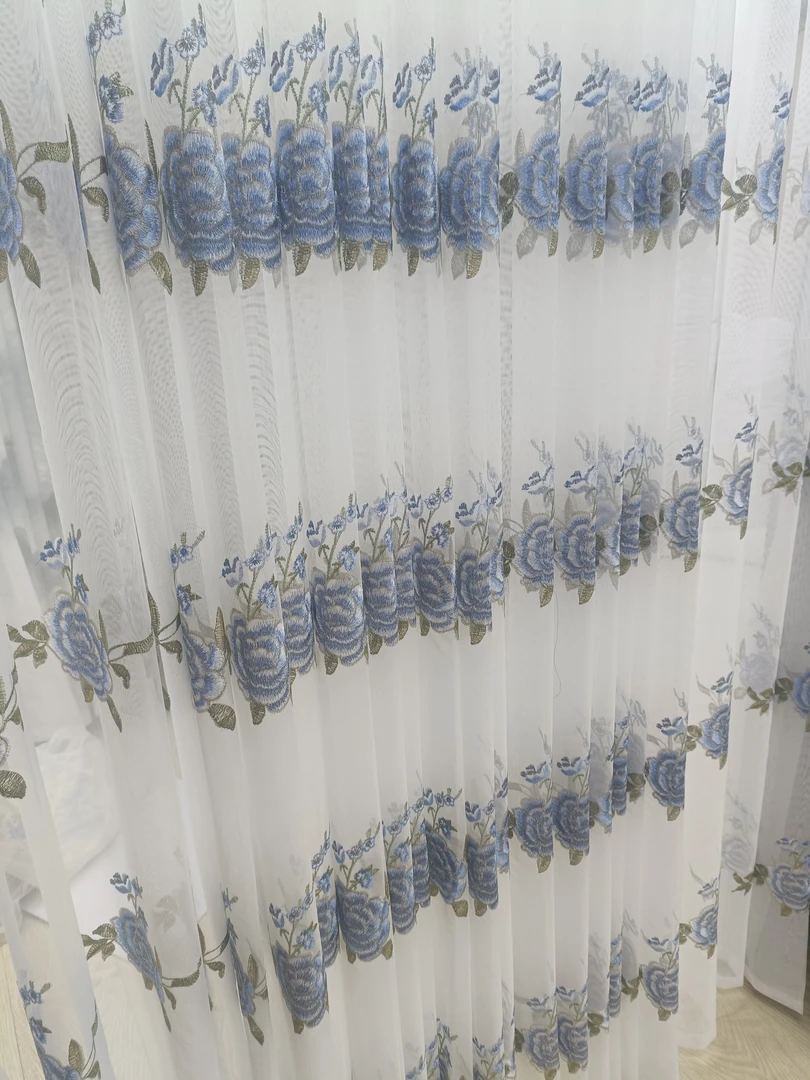1666刺绣蓝花纱帘宽7.2米高2.4米挂钩款
