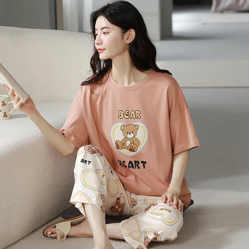夏季薄款宽松睡衣套装家居服大码简约圆领时尚网红休闲女性青年