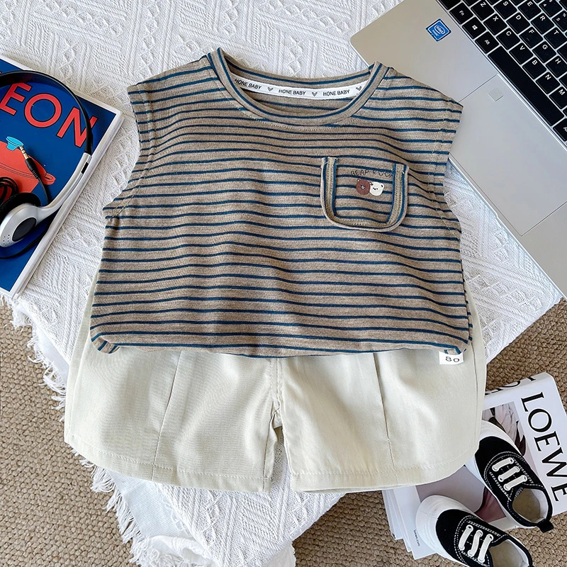 小童条纹坎肩宽松阔腿休闲裤夏季洋气百搭薄款中裤男童背心套装