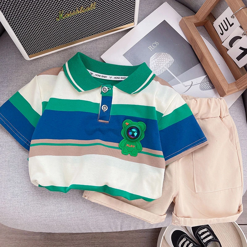 男童夏季翻领套装卡通立体玩偶拼色短袖小童Pol衫休闲短裤两件套