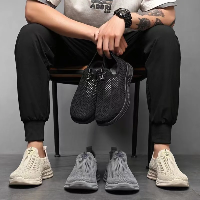 夏季男士透气休闲运动飞织网面鞋网眼休闲鞋一脚蹬镂空运动鞋